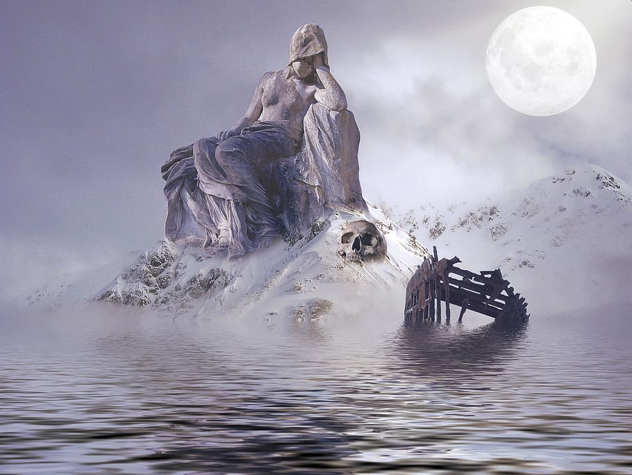 gothic, fantasy, landscape, mountains, snow, statue, mist, clouds HD wallpaper