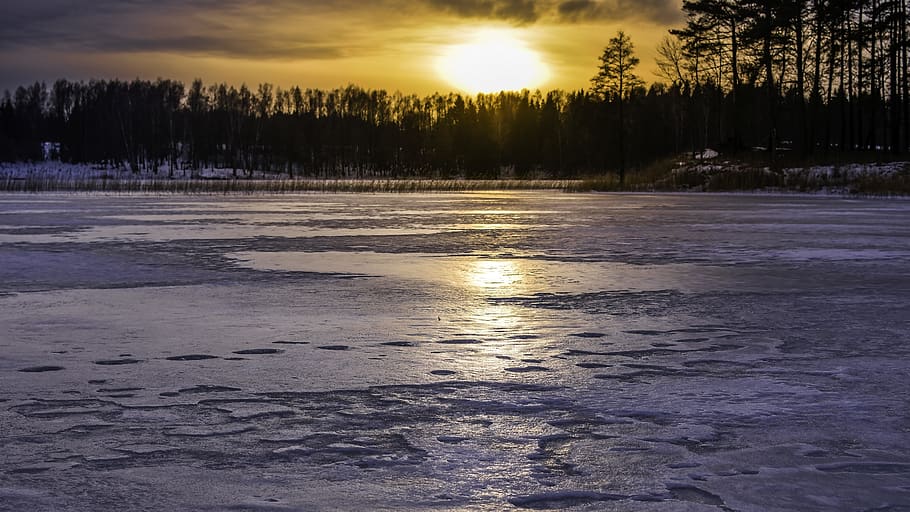 sunset, ice, lake, winter, wintry, landscape, scenery, forest HD wallpaper