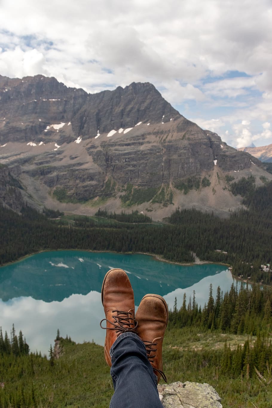 person showing brown dress shoes, boot, feet, lake, mountain HD wallpaper