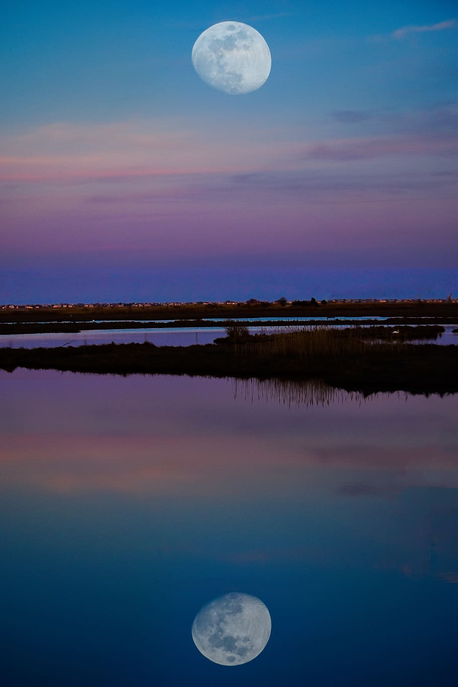 bay, water, reflection, moon, sunset, night, colors, pink, blue HD wallpaper