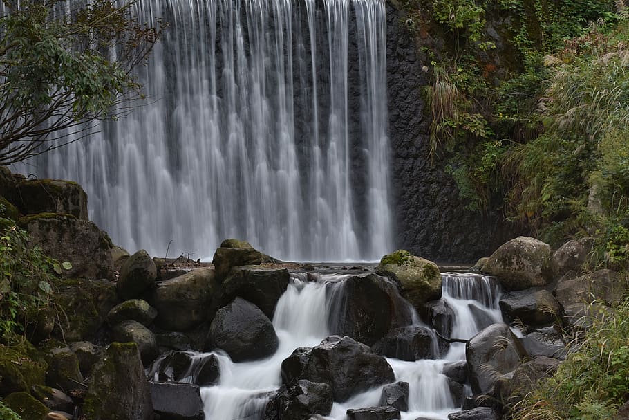 natural, landscape, waterfall, rock, plant, trees and plants HD wallpaper