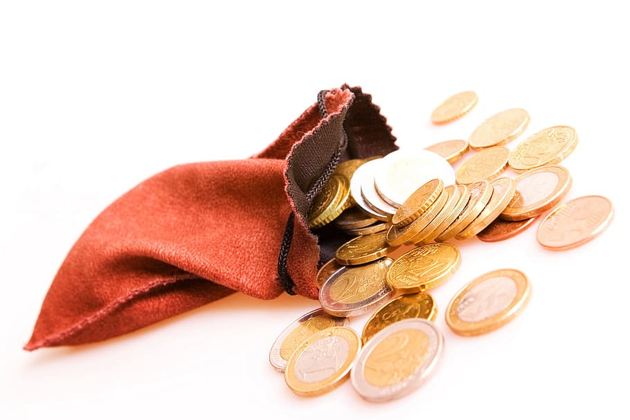 bag, coins, close-up, topview, closeup, credit, euro, finance HD wallpaper
