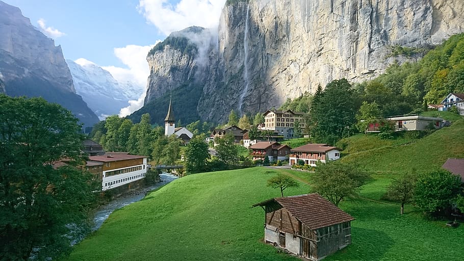 switzerland, schweiz, mountains, alps, village, rural, countryside, HD wallpaper