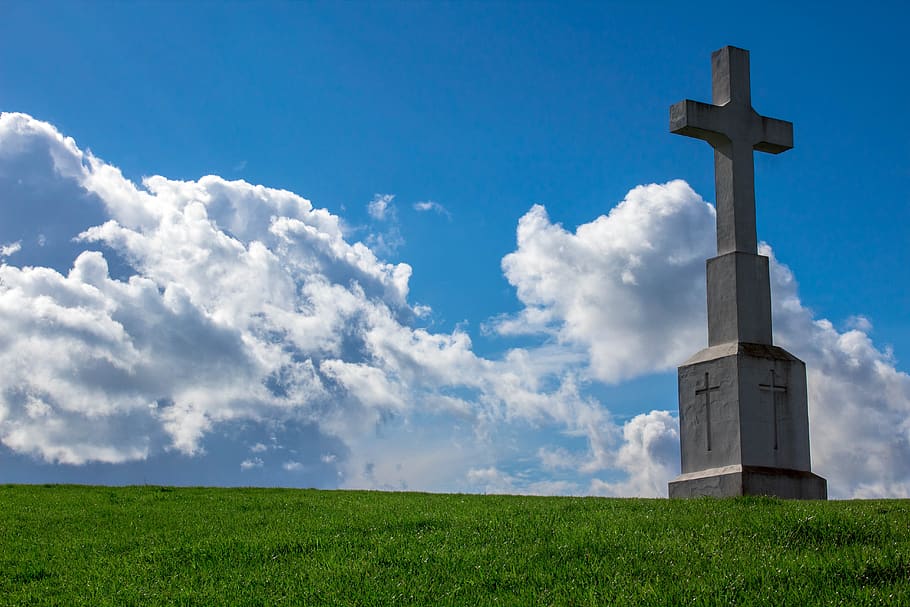 gray cross statue on grass, sky, cloud - sky, religion, belief HD wallpaper