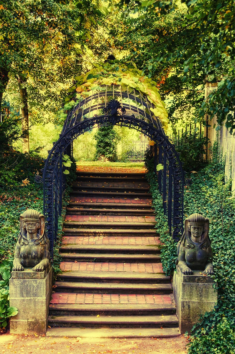 park, statues, stairs, arch, garden, castle park glienecke HD wallpaper
