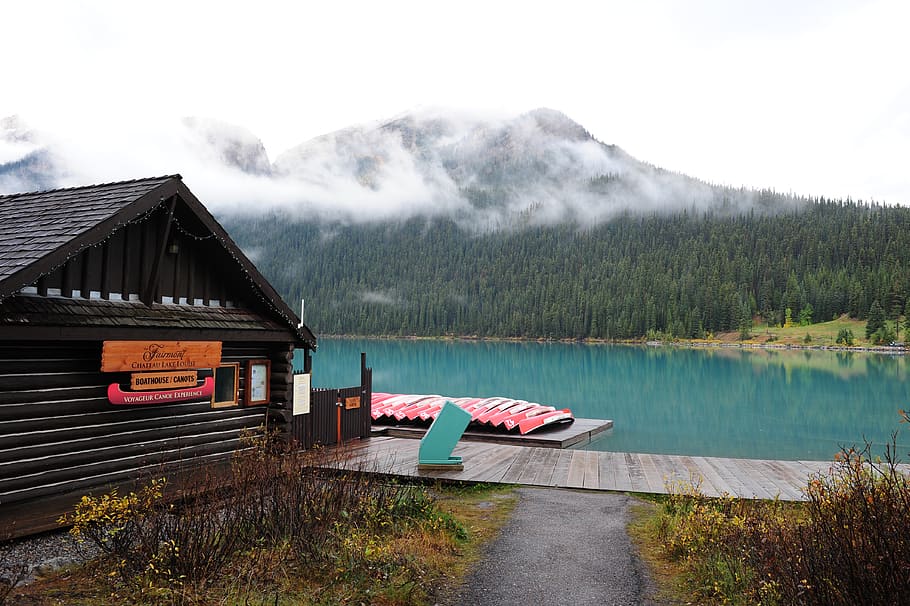 Brown Shed Near Lake, canoes, daylight, deck, environment, fog HD wallpaper