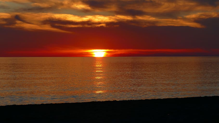 sunset, mediterranean, sky, water, beach, dusk, coast, abendstimmung HD wallpaper