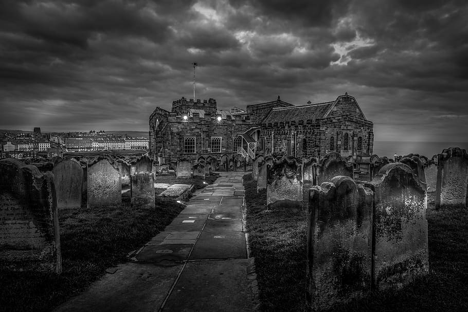 st mary's church, whitby, yorkshire, historic, gothic, graveyard