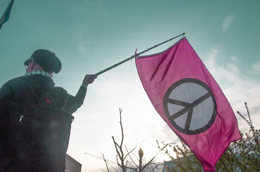 pink peace banner, real people, flag, sky, men, nature, one person HD wallpaper
