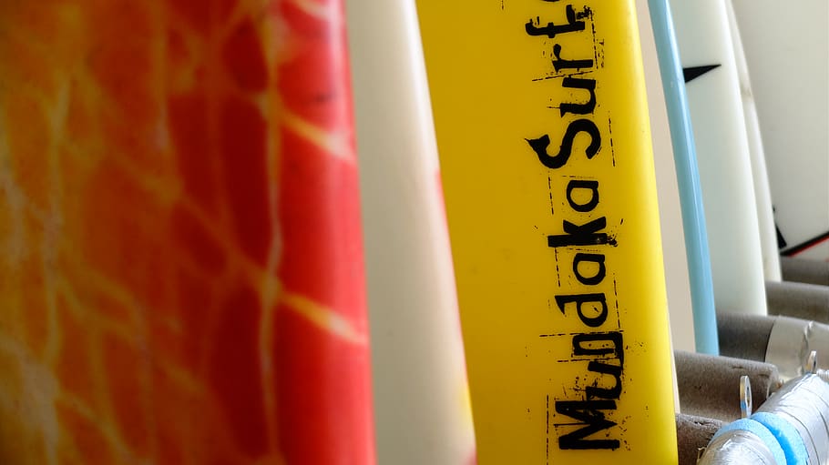 surfboards, yellow, red, sport, text, no people, communication HD wallpaper