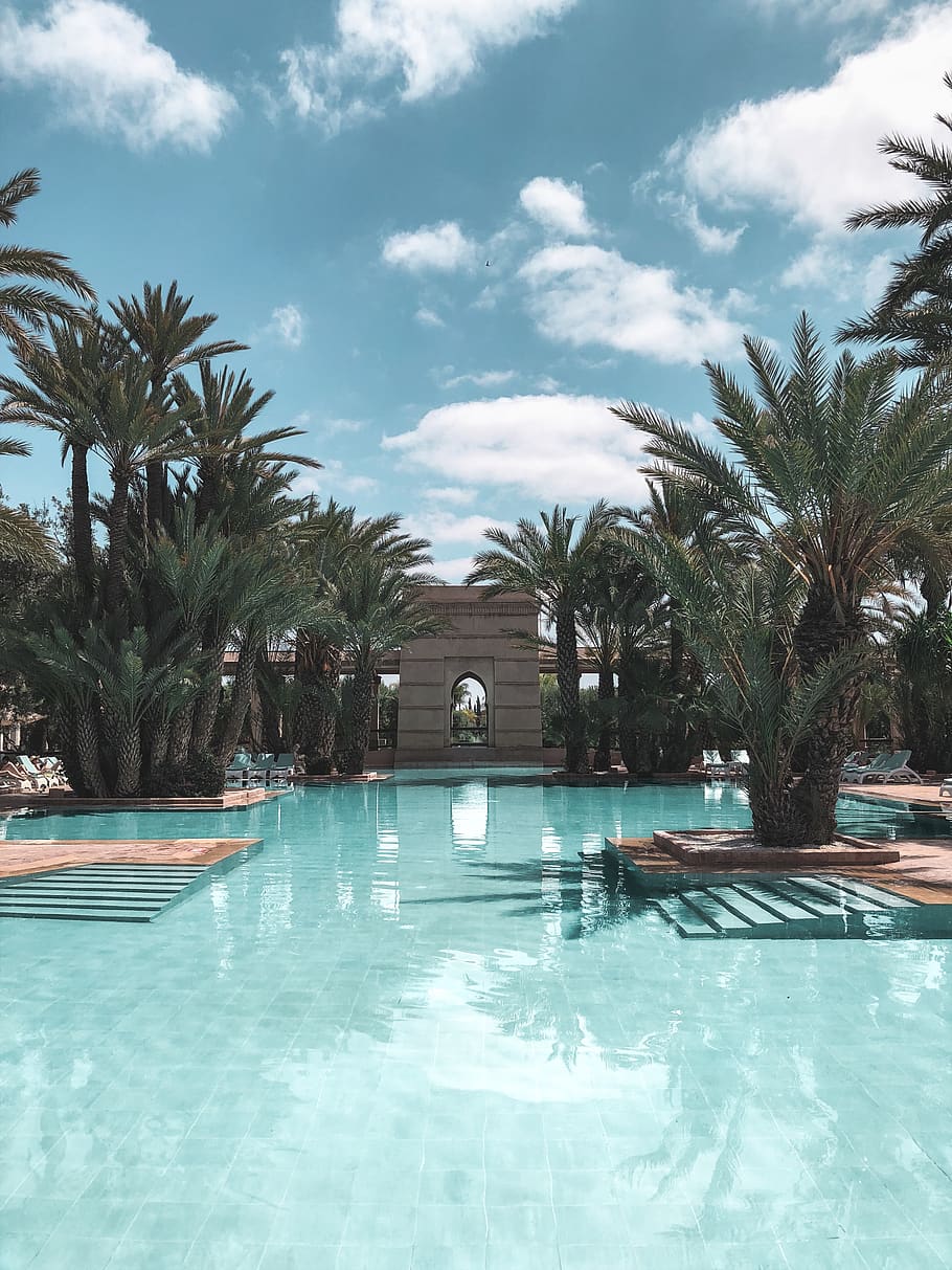 Photo Of Swimming Pool During Daytime, blue skies, bright, clouds HD wallpaper