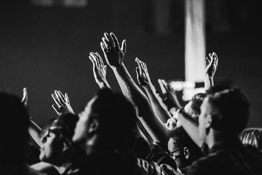 Grayscale Photo of People Raising Their Hands, adult, audience