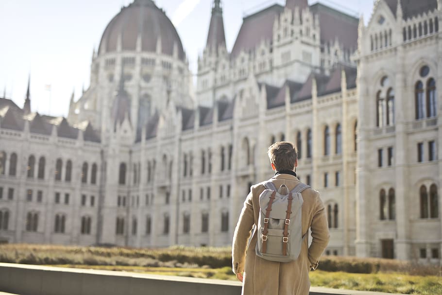 landscape, sky, man, person, architecture, backpack, building HD wallpaper