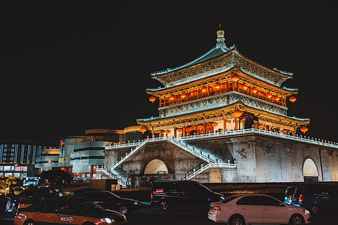 yellow lighted temple, building, automobile, car, transportation HD wallpaper