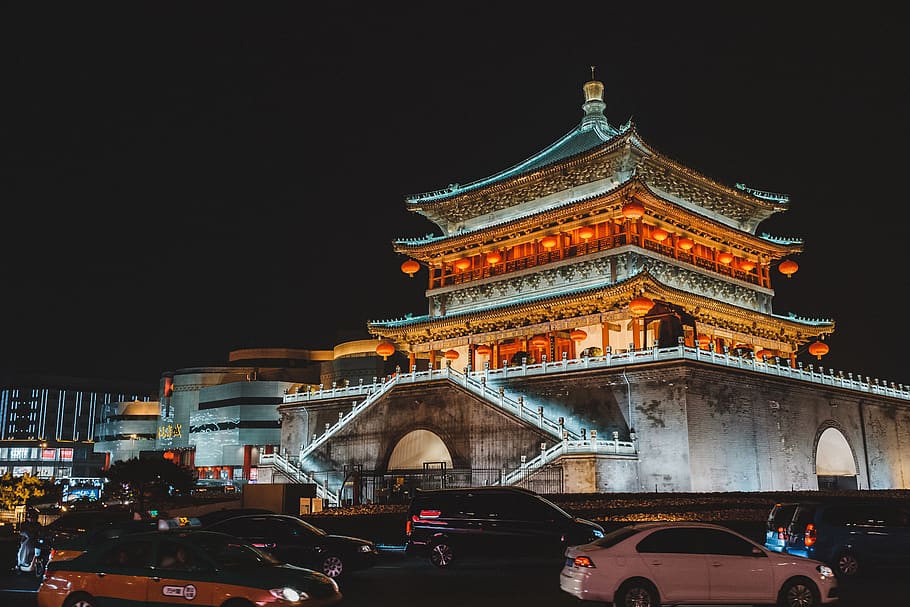 yellow lighted temple, building, automobile, car, transportation HD wallpaper