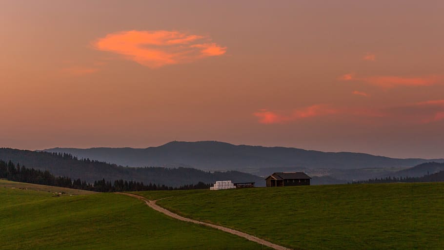 sunset, kacwin, landscape, mountains, nature, village, field HD wallpaper
