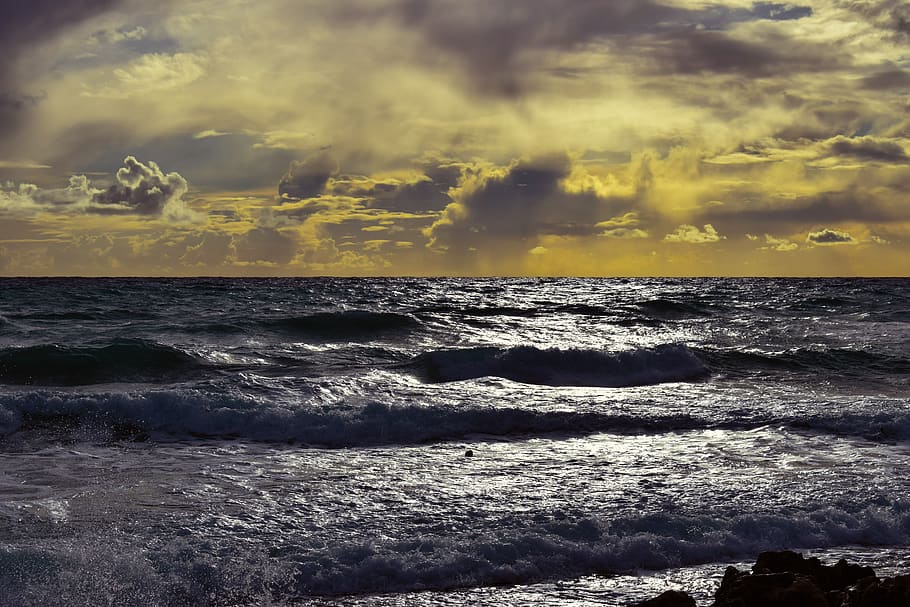 sunset, sky, sea, clouds, beach, nature, landscape, dusk, seashore HD wallpaper