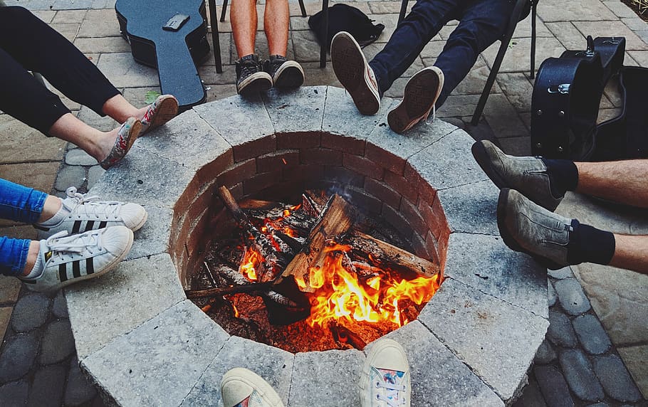 people's feet on top of firepit, person, human, bbq, food, skateboard