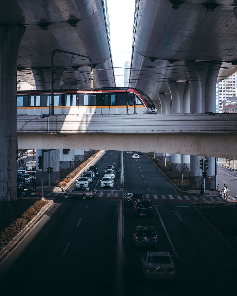 red and white train, road, bridge, urban, city, car, travel, transport HD wallpaper