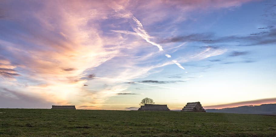 sky, sunset, sunrise, clouds, field, nature, cloud - sky, environment HD wallpaper