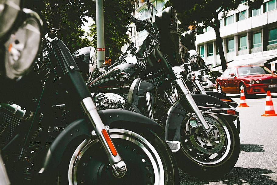 Photo of Parked Motorcycles, chopper, chrome, classic, customized HD wallpaper