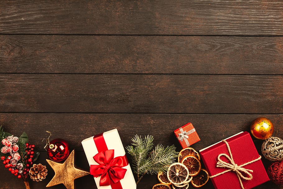 Christmas Gifts On Brown Parquet Floor, boxes, celebration, flatlay HD wallpaper