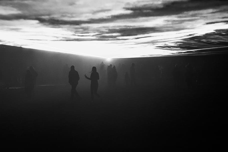 People Standing on Black Surface during Dawn, black and white HD wallpaper