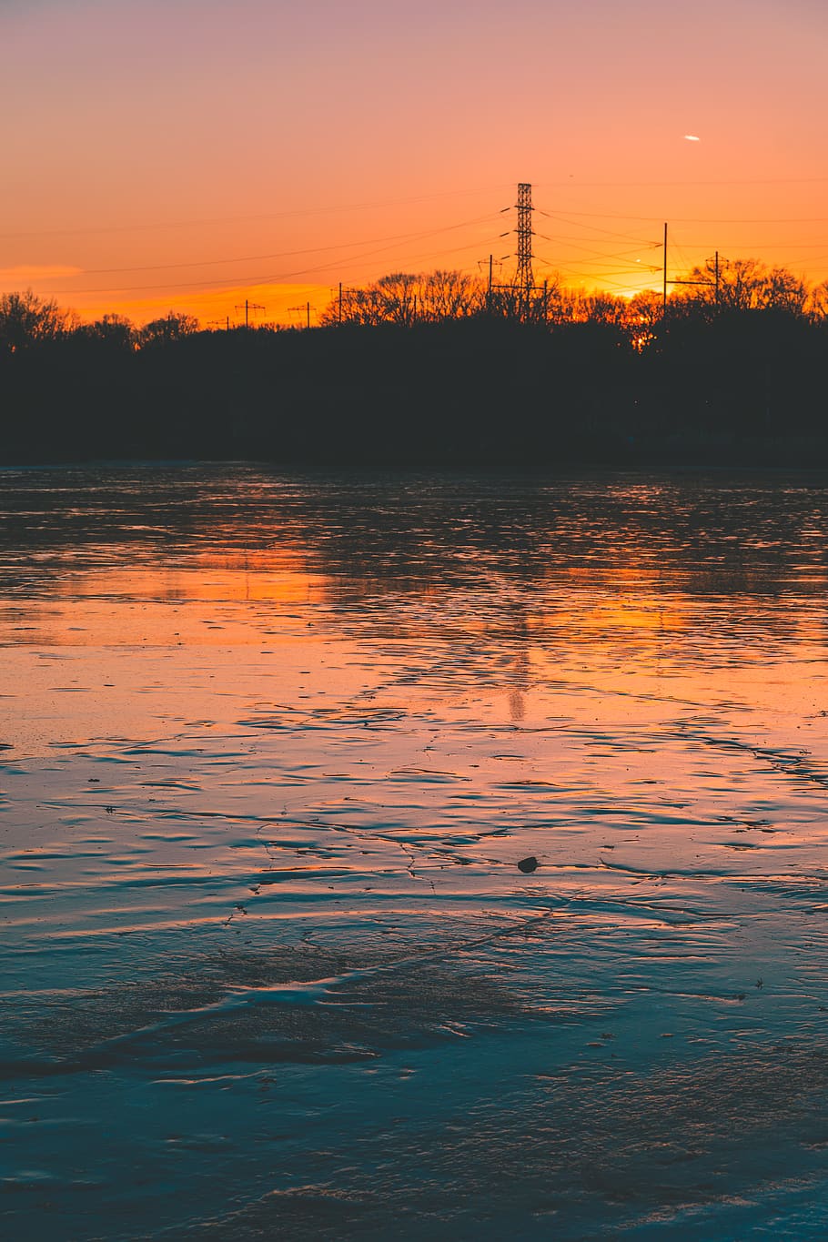 sunset, lake, trees, park, warm, orange, ice, snow, sunrise HD wallpaper