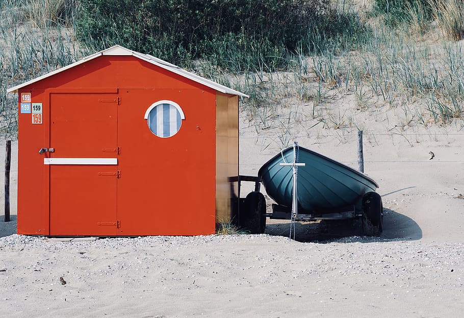 Red Steel Storage House, boat, colors, daylight, grass, landscape HD wallpaper