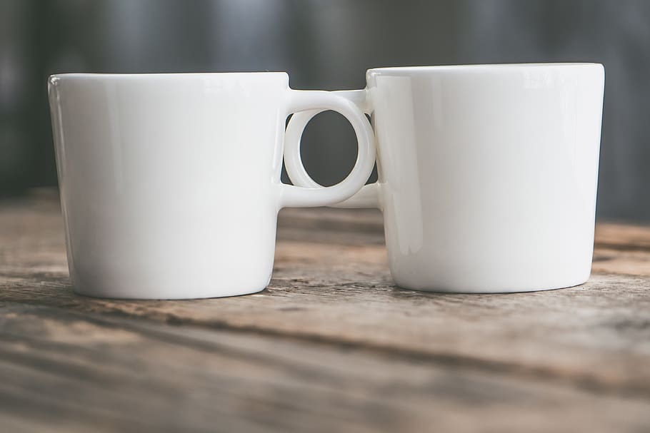 two white ceramic mugs, cup, white color, table, food and drink HD wallpaper