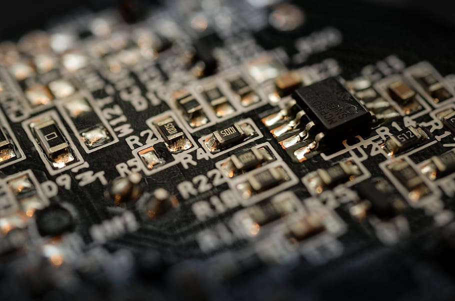 Shallow Focus Photography of Black Circuit Board, blur, capacitors