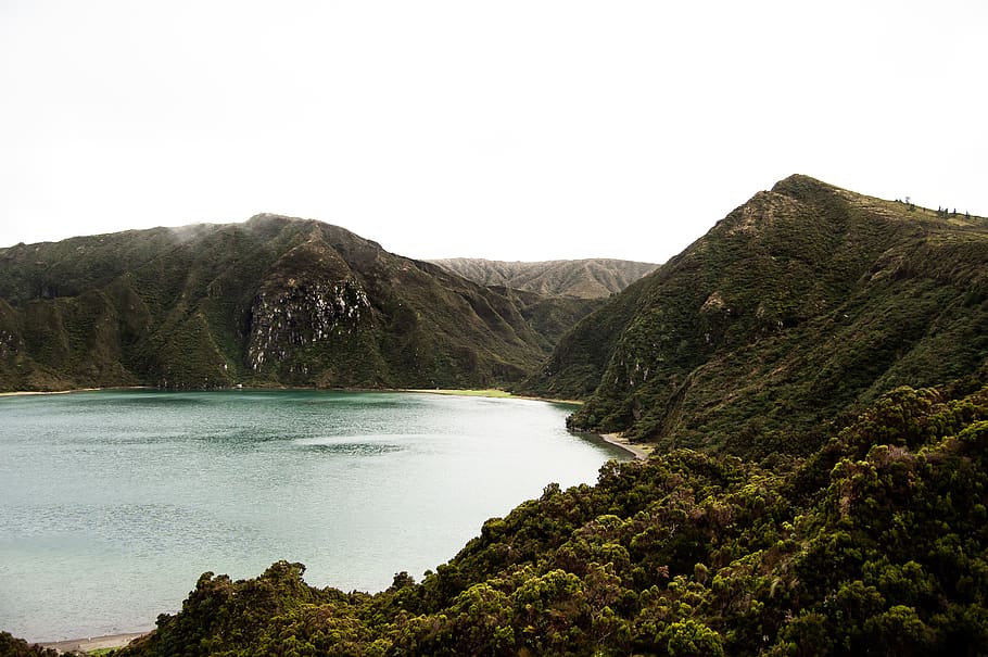 lake beside mountains, nature, water, outdoors, ocean, sea, shoreline HD wallpaper