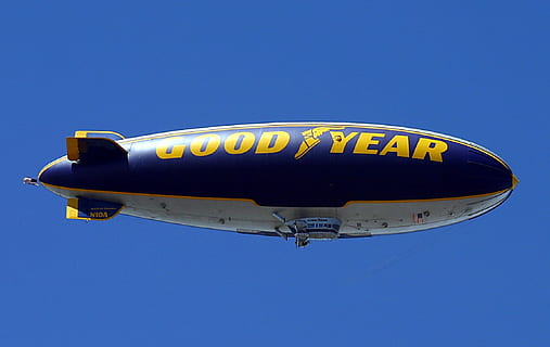 sky, flying, blimp, goodyear, transport, blue, clear sky, nature HD wallpaper