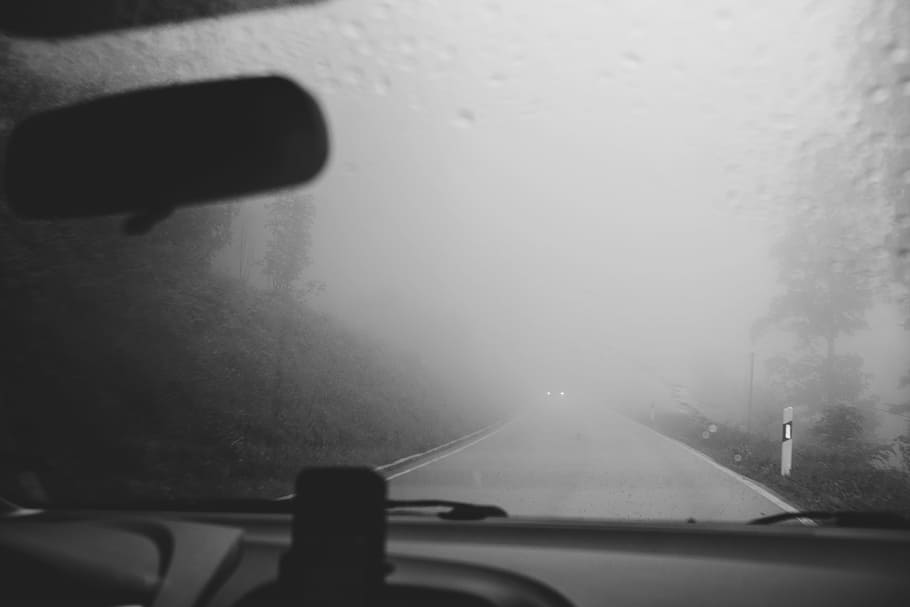 Driving in fog, black, black and white, bw, car, caution, country, HD wallpaper