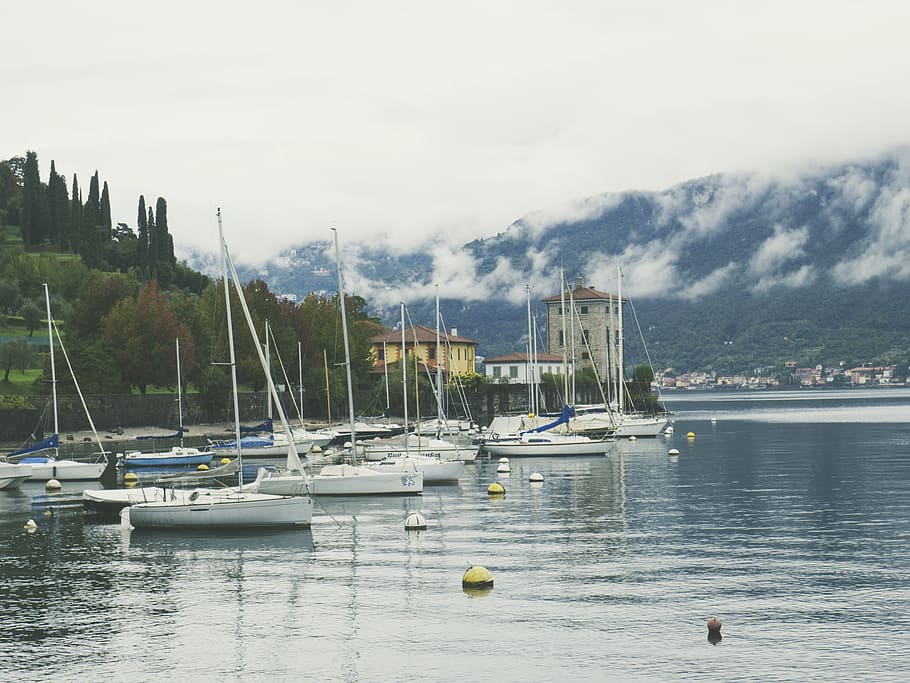 fog, mountain, clouds, forest, ship, houses, town, pier, nautical vessel HD wallpaper