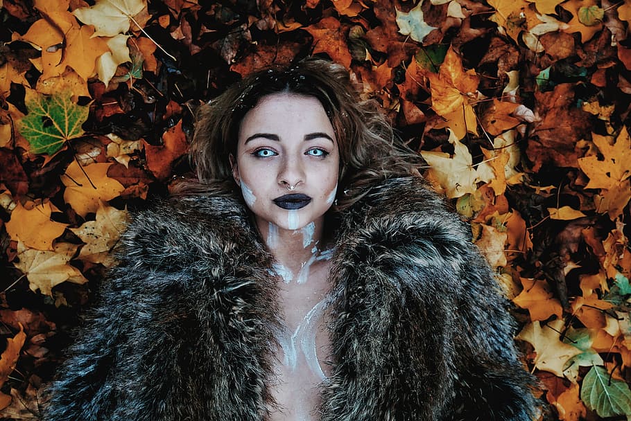 Woman in Black Fur Coat Laying on Brown Maple Leaves, adult, art
