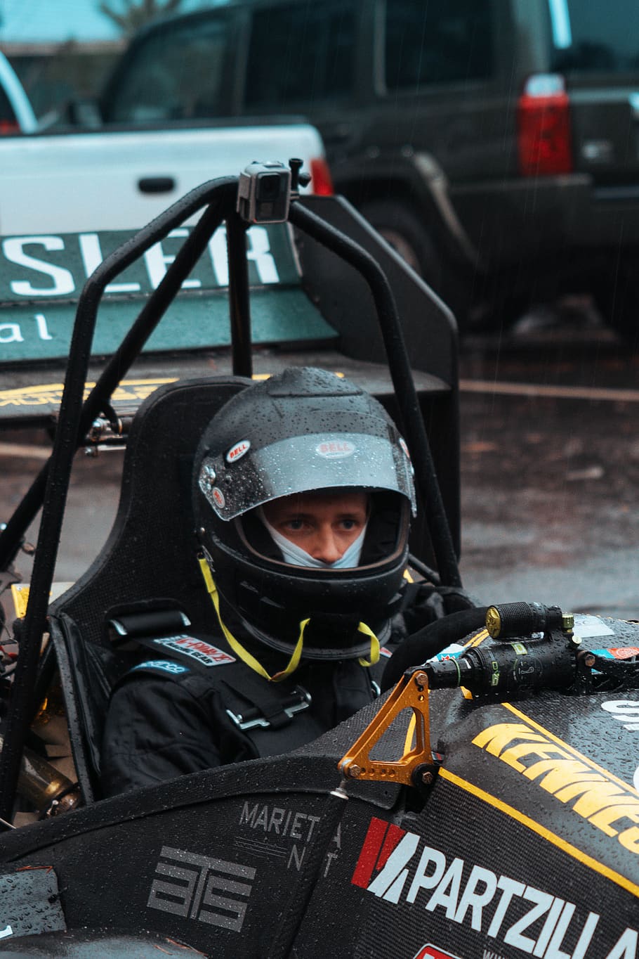 man riding kart, helmet, apparel, clothing, crash helmet, human HD wallpaper
