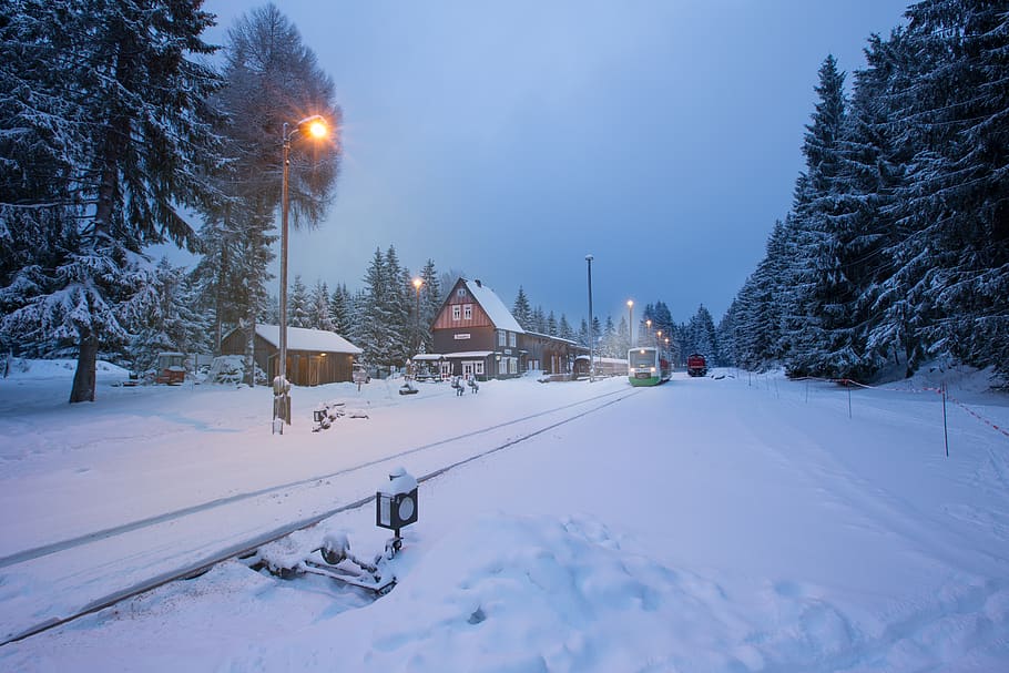 train, winter, night, evening, dark, light, photoshop, wood HD wallpaper