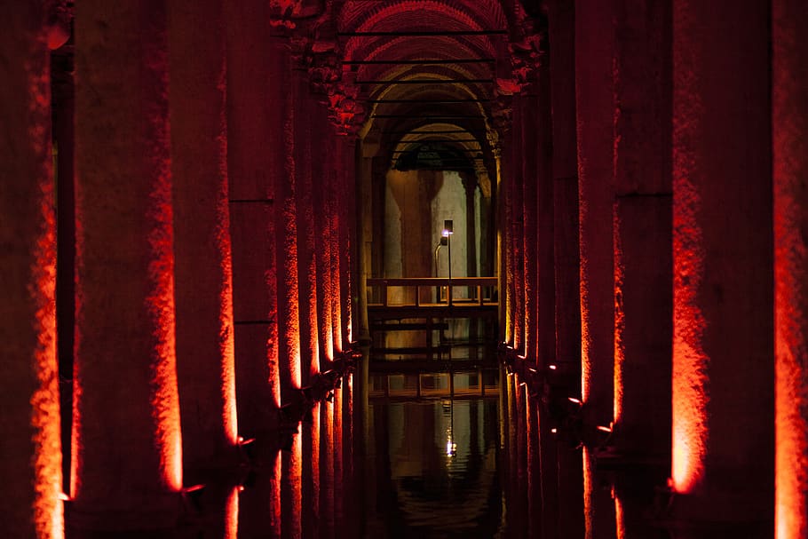 old, wall, date, cistern, light, dark, water, symmetry, architecture HD wallpaper