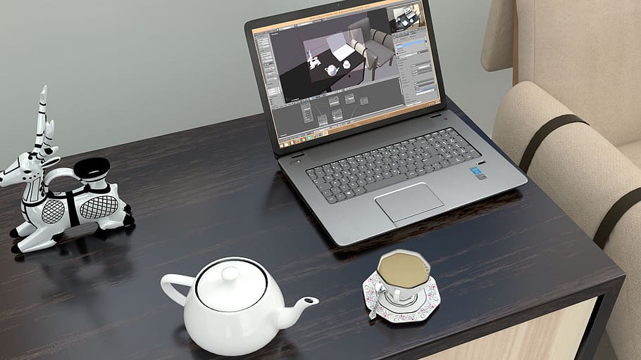 Morning Tea with laptop model, 3-d, 3d, brunch, computer, cup HD wallpaper
