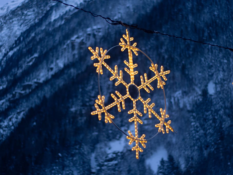 gold snow flakes decor, snowflake, austria, lights, mountains HD wallpaper
