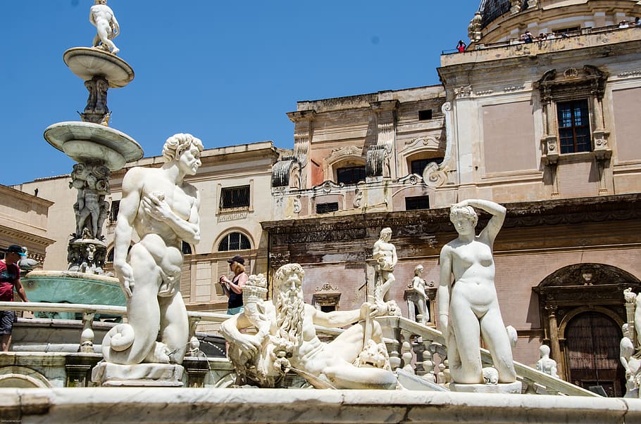 italy, palermo, piazza pretoria, fountain, sicily, sculpture, HD wallpaper