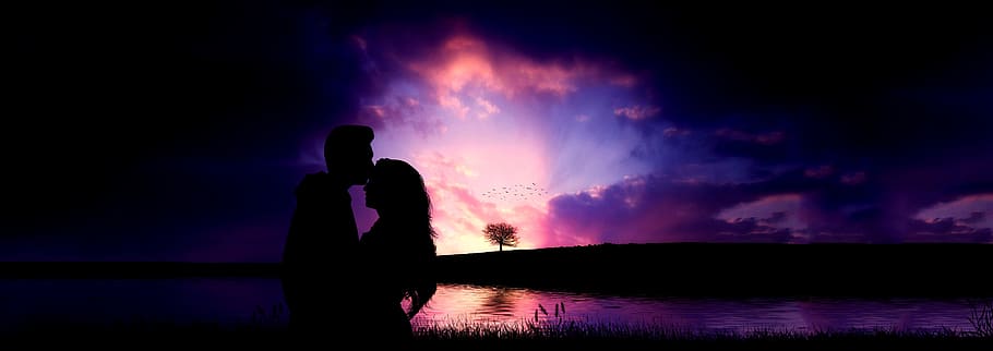 love, romance, tree, couple, silhouette, heart, relationship HD wallpaper