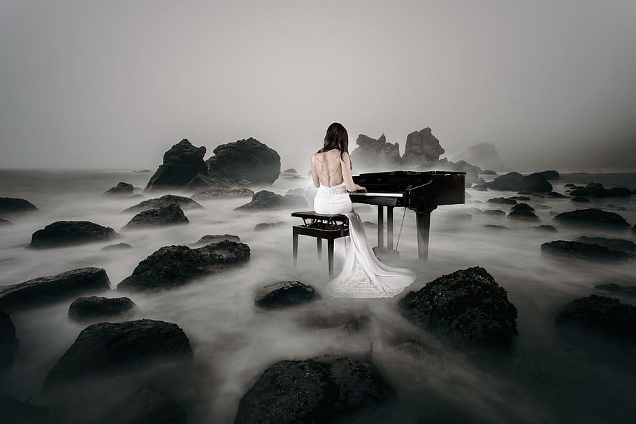 piano spielerin, bride, sea, beach, stones, wedding dress, before, HD wallpaper