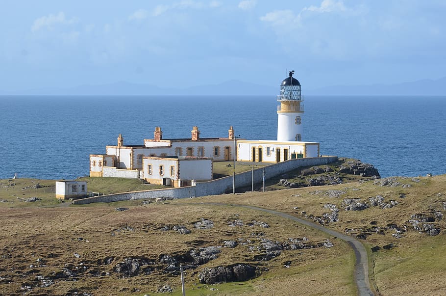 neist point, lighthouse, isle of skye, scotland, water, cliff