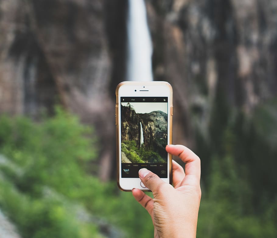 waterfall, phone, iphone, adventure, travel, human hand, portable information device HD wallpaper