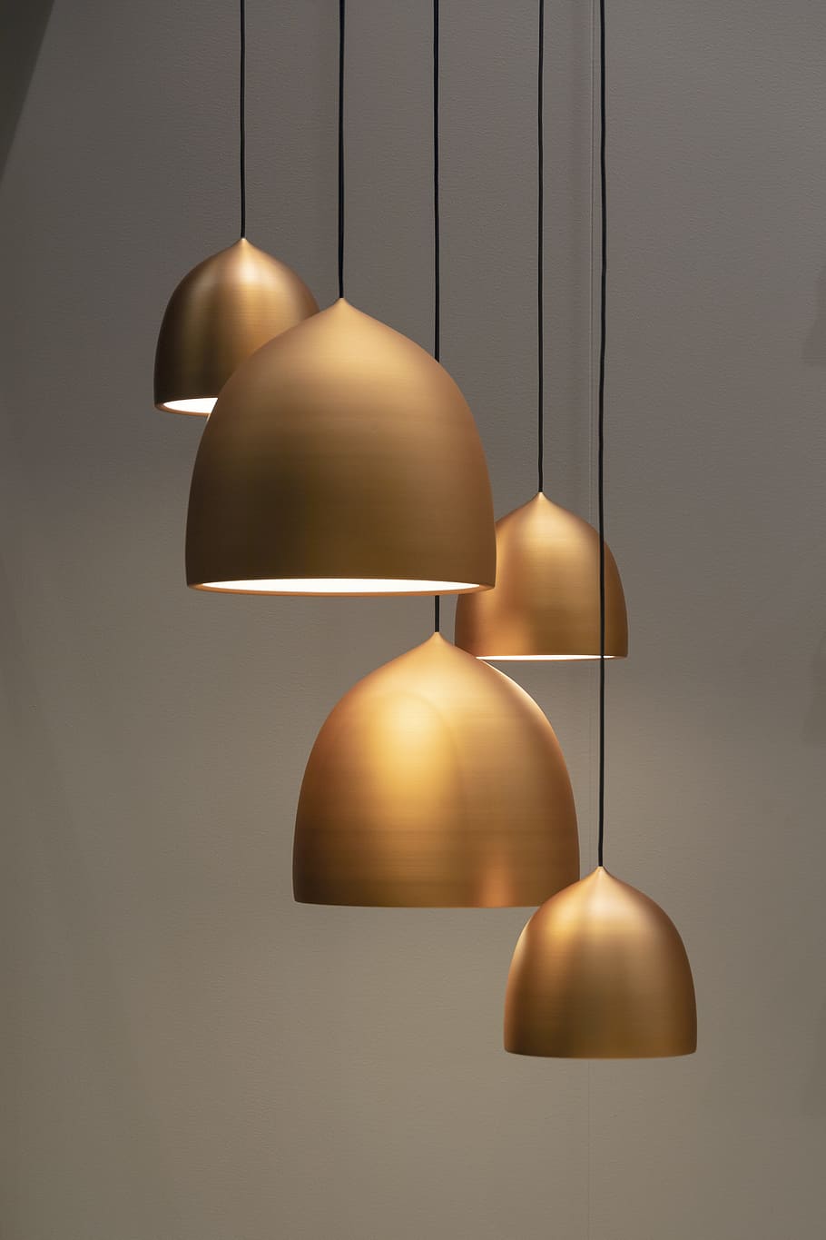turned on pendant lamps, led, glow, light, golden, hanging, lighting equipment, HD wallpaper