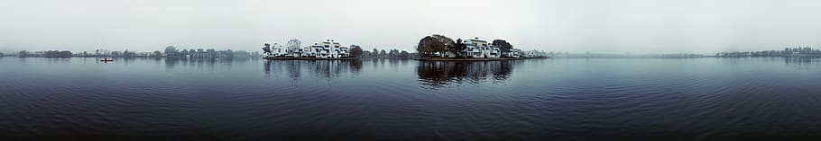 tree, lake, water, kayak, kayaker, island, reflection, panorama HD wallpaper