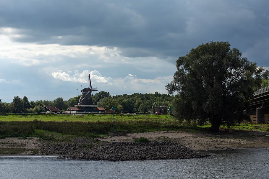 river, landscape, mill, nature, water, plant, tree, sky, cloud - sky HD wallpaper