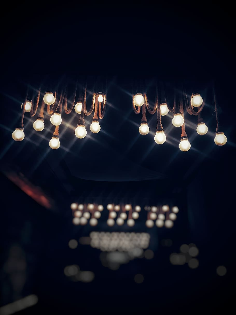 Lighted Bulbs, blur, colors, dark, design, hanging, illuminated HD wallpaper